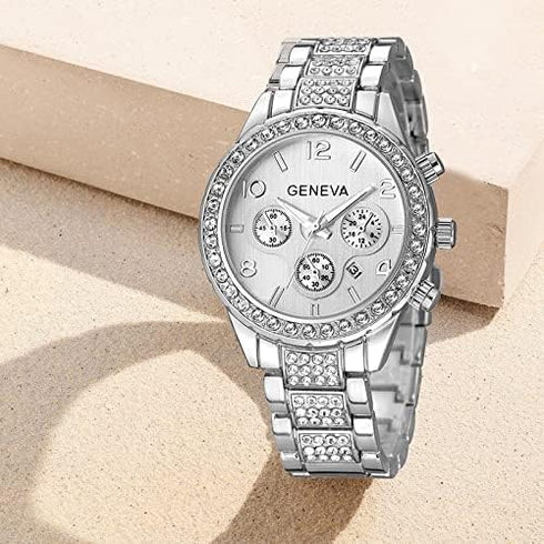 FANMIS Luxury Unisex Pave Floating Crystal Diamonds Calendar Analog Quartz Watch Luminous Pointer with Stainless Steel Link Bracelet...