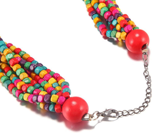 COLORFUL BLING Handmade Multi-Layer Chunky Wooden Beads Bib Necklace Earrings Set African Statement Collar Choker Multi Strand Necklace Boho Jewel...