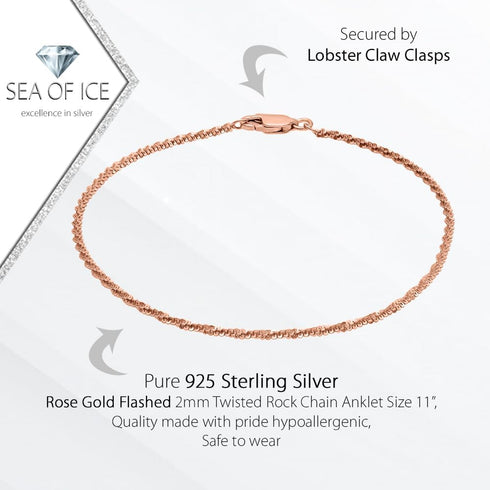 SEA OF ICE 925 Sterling Silver 2mm Twisted Rock Chain Anklet For Women, Size 9", 10" and 11"...