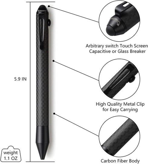 Cool Hand 5.9'' Bazooka Style Bolt Action Pen with Stylus for Touchscreen, Carbon Fiber Body, w/Pocket Clip, Ballpoint Ink Refillable, Glass Break...