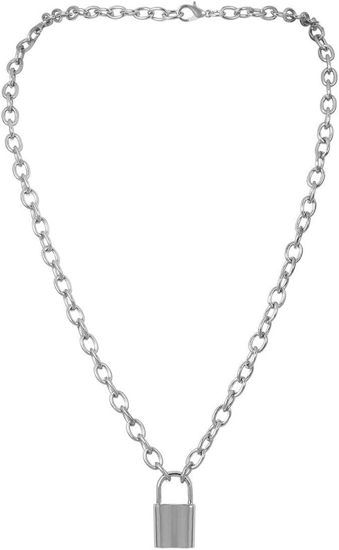 7th Moon Lock Pendant Necklace Statement Long Chain Punk Multilayer Choker Necklace for Women (Silver)...