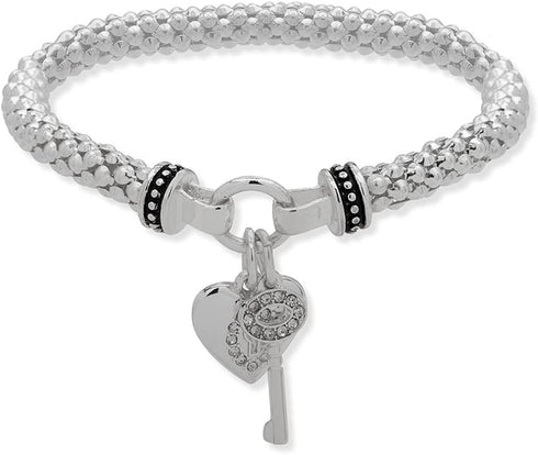 Nine West Women's Boxed Silver Heart Key Stretch Bracelet, Size: 0...