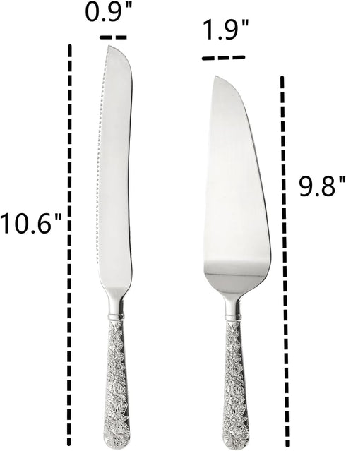 Dicunoy 2 PCS Wedding Cake Knife and Server Set, Silver Cake Cutting Set, Vintage Engraved Cake Cutter and Elegant Serving Spatula for Birthday, P...