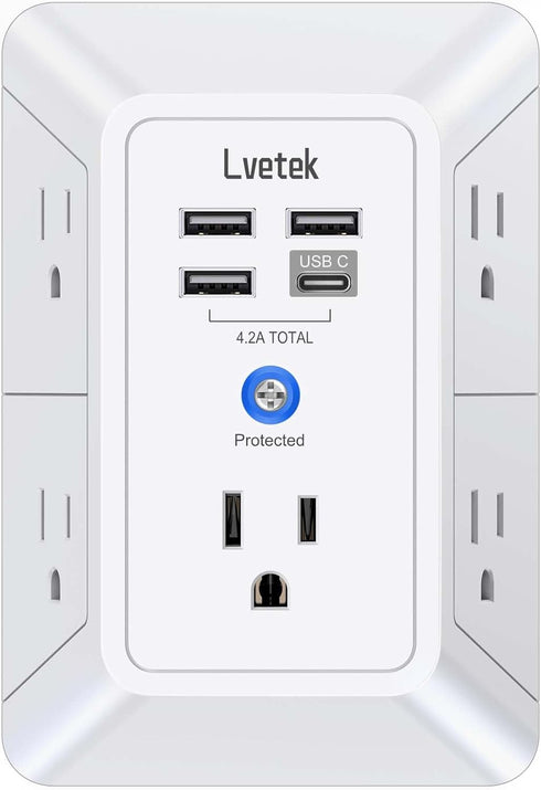 5-Outlet Surge Protector Wall Charger with 4 USB Ports - 1680J Multi Plug for Home, Office, Travel...