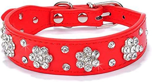 Rhinestone Dog Collar, Cute Flower Rhinestone Cat Dog Collar Bling Collar PU Leather Collar Adjustable Sizes Small Medium Large(Red,L)...