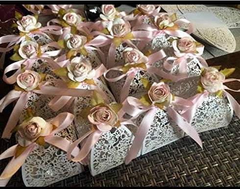 KPOSIYA Pack of 100 Laser Cut Rose Candy Boxes, Favor Boxes 2.5"x 2.5"x 3.1", Gift Boxes Bridal Shower Anniverary Birthday Party Wedding Favor (10...