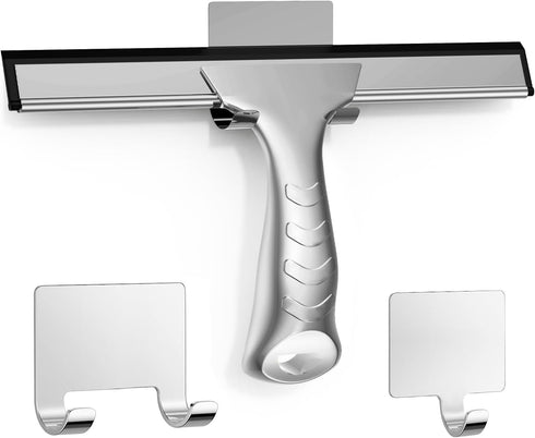 All-Purpose Stainless Steel Shower Squeegee for Glass Doors with 2 Adhesive Hooks, Squeegee for Bathroom Cleaner Tool Household Window Mirror Sque...