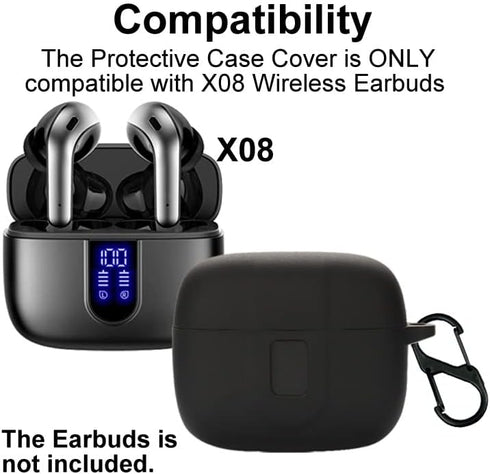 Earbuds Case Compatible with TAGRY X08 Wireless Headphone, Silicon Protective Cover with “S” Shaped Dual Carabiner, with Window for LED Display (B...
