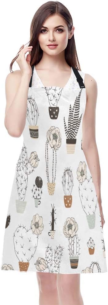 EKOBLA Cactus Aprons Flower Pots Silhouettes Blossom Flower Succulent Plant Hearts Barbed Waterproof Resistant Chef Cooking Kitchen BBQ Adjustable...