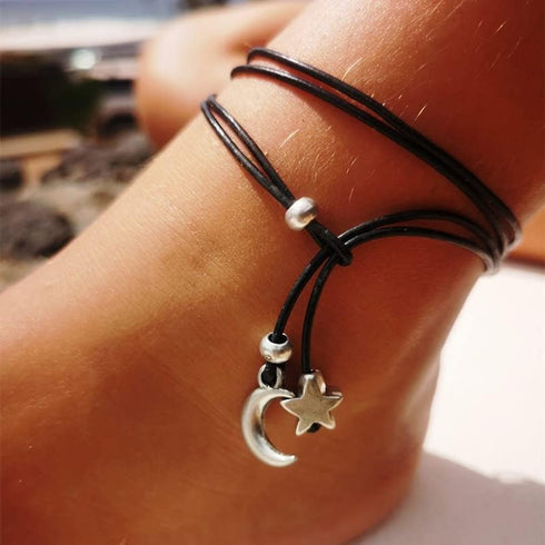 Pingyongchang Handmade Moon Heart Leather Anklet Cord Wrist Bracelet Adjustable Wax String Minimalist Waterproof Adjustable Foot Wrap Jewelry Insp...