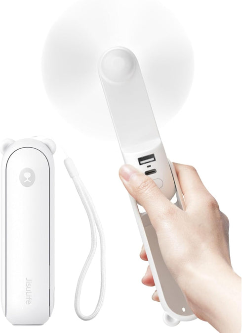 JISULIFE Handheld Fan with 4500 mAh Powerbank Max 37 Hours Runtime, Pocket Portable Battery Operated or USB Powered Folding Personal Fan, 3 Speeds...