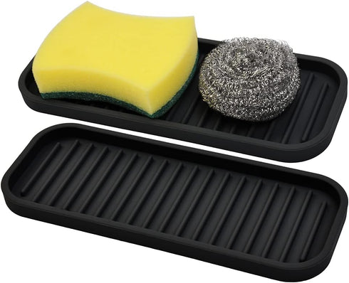 Silicone Sponge Holder Kitchen Sink Organizer Tray Dish Caddy Soap Dispenser, Scrubber Spoon Holder,Dishwashing Accessories 2 Pack (Black)...