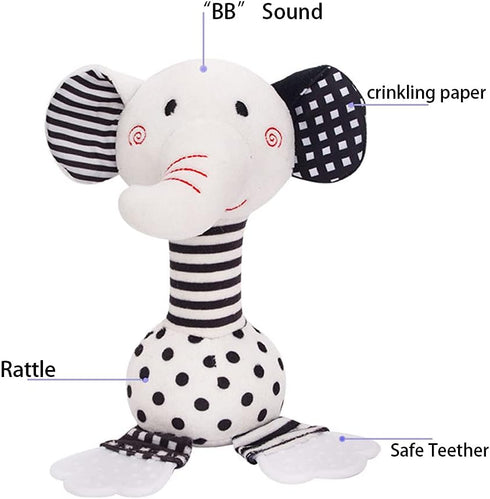 Baby Toys 0-12 Months, Black and White Newborn Toys, Soft Plush Rattle Stuffed Animal Toy with Teether and Sound, Developmental Hand Grip Toys (El...
