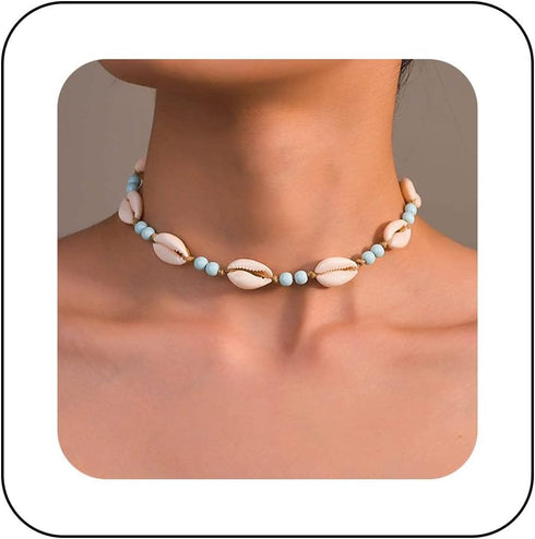 Boho Shell Choker Necklace Vintage Blue Turquoise Scallop Necklace Blue Rice Bead Necklace Adjustable Seashell Chain Necklace Jewelry for Women...