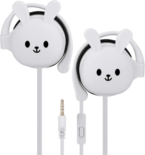 QearFun Bunny Earbuds for Kids with Ear Hooks, Kawakii Wired Over Ear Headphones Earphones Gifts for School Girls and Boys with Microphone & Ear L...