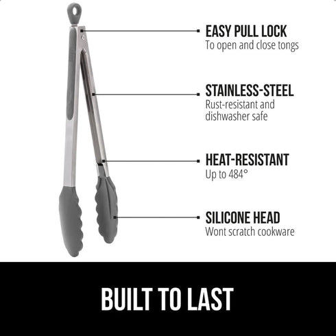 GORILLA GRIP Stainless Steel Heat Resistant Kitchen Tongs for Cooking, 9 + 12 Inch, Set of 2 BBQ Tong, Non Scratch Silicone Tip for Pan, Strong Gr...