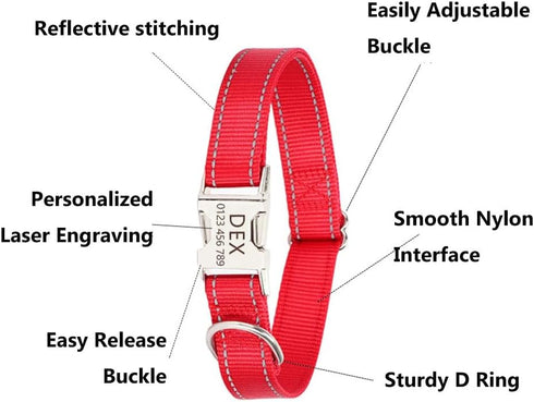 Reflective Dog Collar with Metal Buckle, Soft Sturdy Nylon Dog Collars with Quick Release Buckle, Adjustable Pet Collars with with ID Tag Ring for...