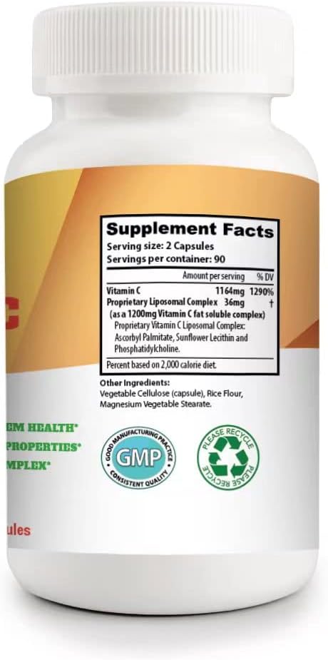 Liposomal Vitamin C 1200mg per serving 180 Veggie Capsules per bottle High Absorption Vitamin C Pill Supplements Fat Soluble Vit C Powerful Antiox...