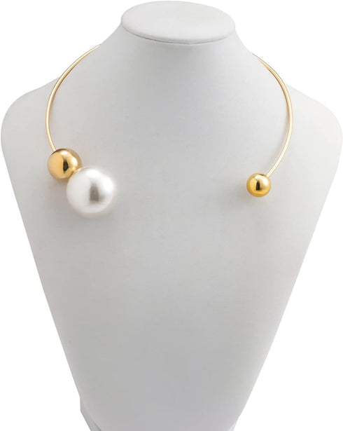 Metal Pearl Open Choker Necklace Adjustable Gold Pearl Choker Necklaces for Women Round Open Cuff Necklace Elegant Cuff Collar Necklace Statement ...