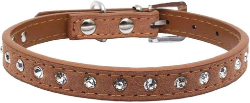 Pimaodog Cute Dazzling Sparkling Elegant Fancy Suede Leather 1 Rows Bling Rhinestone Crystal Jeweled Small Pet Cat Dog Puppy Collar (M:27-35CM, Br...