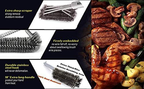 Best BBQ Grill Brush Stainless Steel 18" Barbecue Cleaning Brush w/Wire Bristles & Soft Comfortable Handle - Perfect Cleaner & Scraper for Grill C...