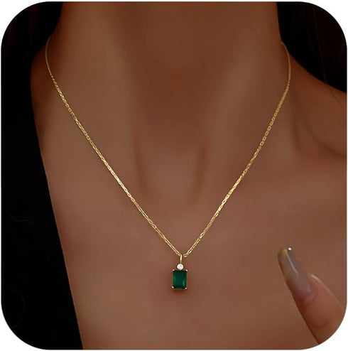 14k Gold Plated Birthstone Necklace for Women 925 Sterling Silver Emerald Baguette Pendant Choker Necklaces Dainty Green CZ Chain Necklace Birthda...