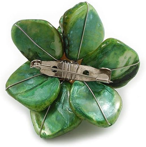 50mm/Green Shell with Freshwater Pearl Bead Asymmetric Flower Brooch/Handmade/Slight Variation In Colour/Size/Shape/Natural Irregularities...