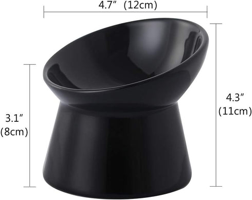 Black Small Ceramic Raised Cat Bowls, Tilted Elevated Food or Water Bowls, Stress Free, Backflow Prevention, Dishwasher and Microwave Safe, Lead &...
