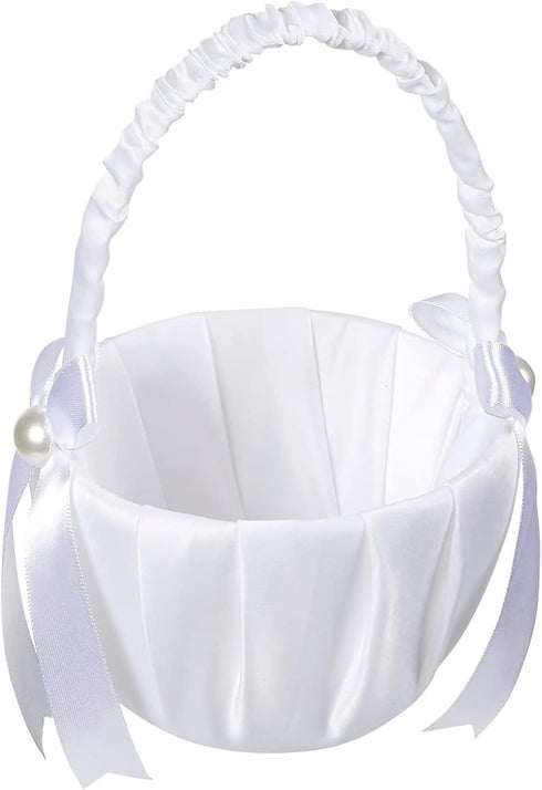 White Flower Girl Basket with Satin Bowknot & Pearl Design 8 x 5.2 x 6 Inch, Flower Petal Basket Ideal for Wedding Party, Elegant Ceremony Accesso...