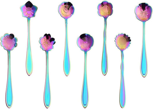 8 Pieces Rainbow Flower Spoon Coffee Teaspoon Set, Stainless Steel Stirring Spoon Tea Spoon Sugar Spoon, 8 Different Patterns...