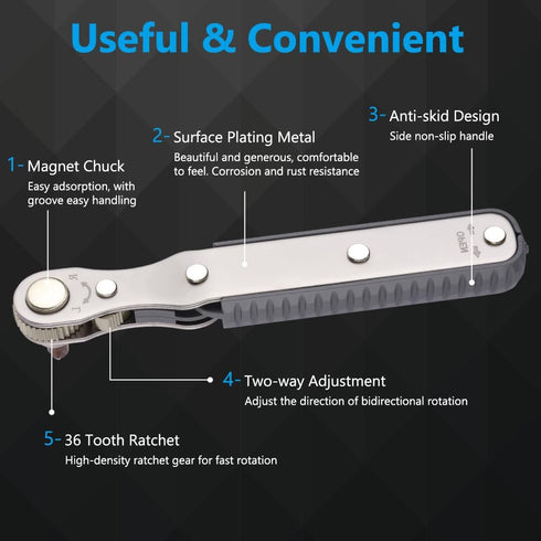 5 Pcs Mini Ratchet Wrench Set, 1/4 Inch Drive, High Torque Offset Reversible Screwdriver, with Phillips, Slotted, Hex, Torx for Tight Spaces...