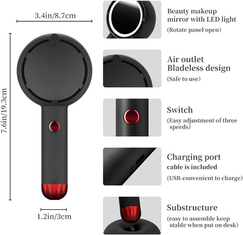 Mini Handheld Fan, Bladeless Personal Hand Fans with USB Rechargeable Battery Operated Portable Fan with LED Makeup Mirror 3 Speeds Small Fan for ...