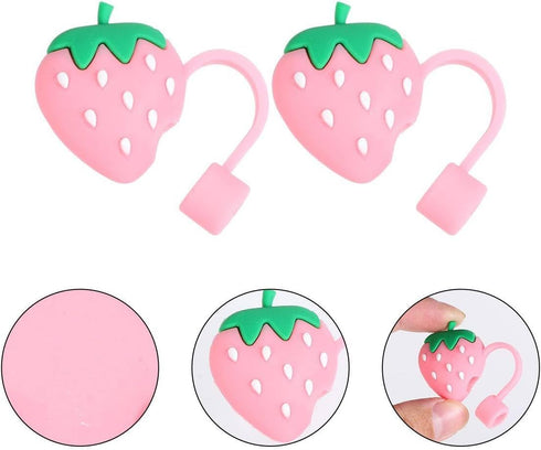 Pink Cute Strawberries Cartoon Straw Silicone Straw Plug, Straws Decorative Cap Staw Tips Bottle Accessories?Drinking Straw Dispensers?Kitchen Ute...