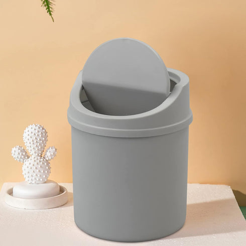 0.5 Gallon Plastic Mini Trash Can, Tiny Garbage Can with Swing Lid, Gray...