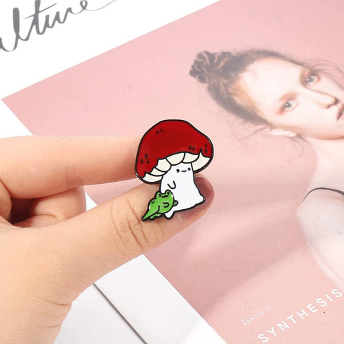Lovely Mushroom and Frog Enamel Brooch Pin - Charming Lapel Pins Jewelry...