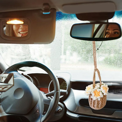 Car Hanging Ornament Cute Crochet Plant Rear view Mirror Pendant Decoration Handmade Knitted Mirror Hanging Car Interior Accessories Gardening Han...