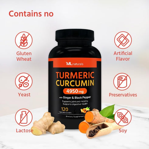 Extra Strength Turmeric Curcumin 4950 mg 120 Vegetable Capsules, 95% Curcuminoids, with Black Pepper & Ginger. Enhanced Absorption, Joint Support,...