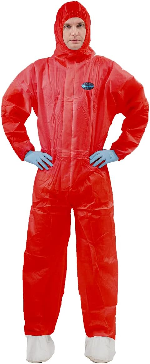Vicogard Protective Overalls Disposable Coveralls, Front Zipper Elastic Waistband & Cuffs Ankles, SMS Isolation Coverall Suit with Hood for Hospit...