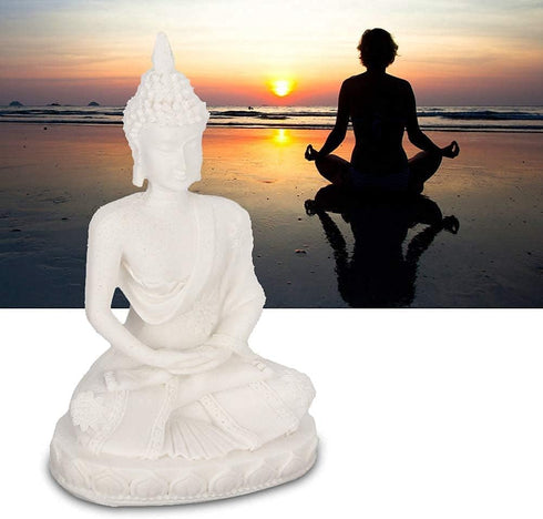 AUNMAS Buddha Meditation Statue, Small Sitting Sandstone Carving Harmonious Figurine for Home Office Desktop Decoration, White 4.3Inch...