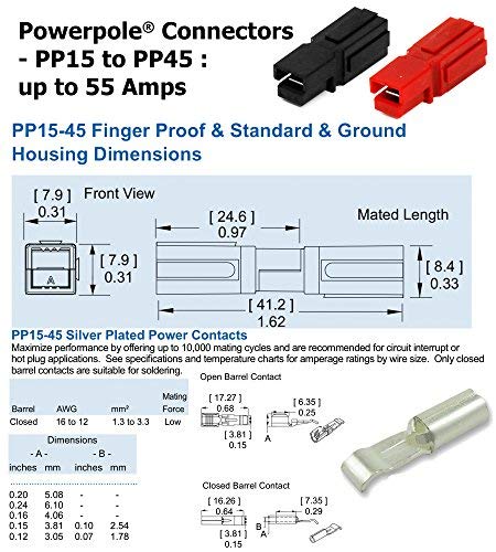30 Amp Anderson Powerpole Connectors, PP15 to 45, Red and Black Housing, w/12-16 AWG Heavy Duty Contact 30A, 600V (Pack of 12 Set)...