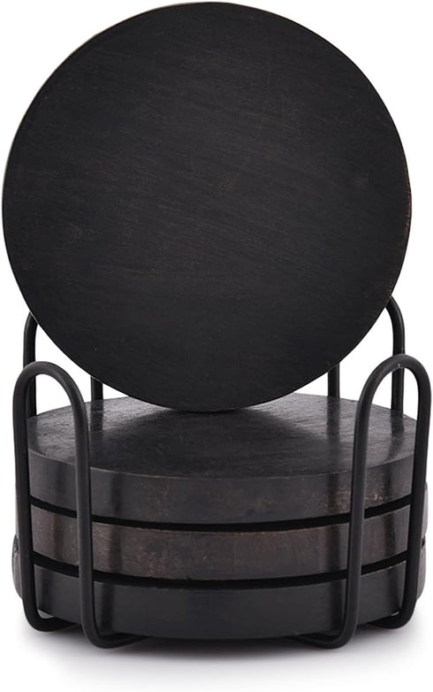 Acacia Wood Black Coaster Set of 4 with Iron Holder Coffee Table Décor Tabletop Protection Décor (Coaster Size - 4" x 4" x 0.5", Holder Sze - 4.5"...