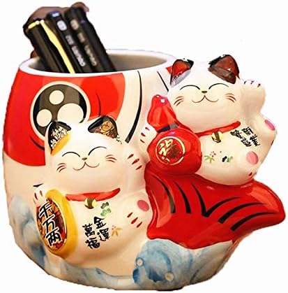 EatingBiting Fortune Japanese Lucky Beckoning Cats Maneki Neko Flower Pot Vase Pen Holder,Pair Cat set on fish,Ceramic Pencil Holder for Organizer...