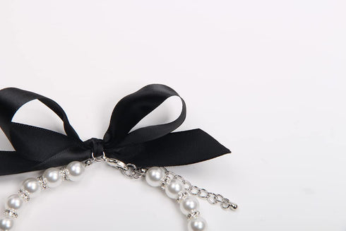 Dog Cat Pearls Necklace Collar with Bling Accessories and Ribbon Bow Pet Puppy Jewelry for Female Dogs Cats Small Medium (L, White)...