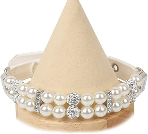 Dog Cat Pearl Collars with Crystal Rhinestone PU Leather Collars Necklace Adjustable CollarDog Chain Cat White Pearl Pet Collar (Medium, White)...