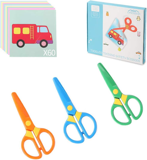 Plastic Safety Scissors, Toddlers Training Scissors, Pre-school Training Scissors and Offices Scissors Kids Paper-Cut (3pcs &Paper Cutting)...