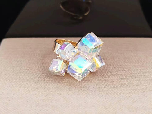 Boho Square Crystal Statement Ring for Women Girls Gold Plated Adjustable Expandable Promise Engagement Geometric Rings Comfort Fit Elegant Art De...