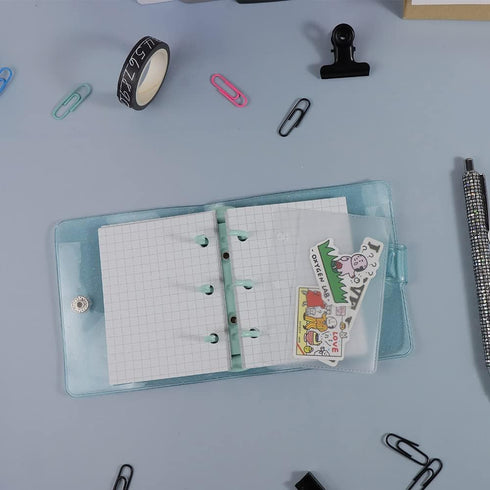 Blue Glitter Soft PVC Mini Binder Cover Refillable Notebook Binders 3 Ring Planner Shell Protectors with Snap Button Closure for Loose Leaf File F...