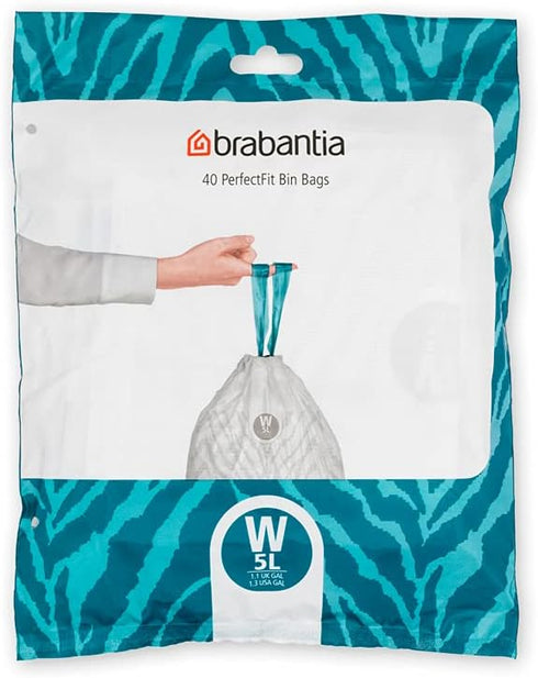 Brabantia PerfectFit Trash Bags (Size W/1.3 Gal) Thick Plastic Trash Can Liners with Drawstring Handles (40 Bags)...