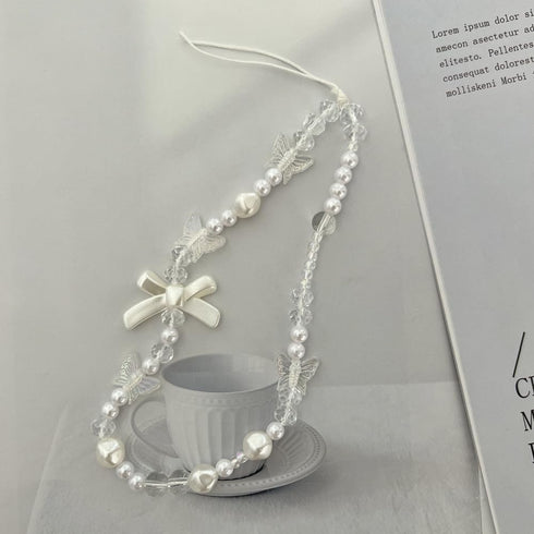 White Mobile Phone Lanyard Universal Phone Chain Black Bow White Pearl Beaded Phone Lanyard Wrist Strap Anti Lost Phone Charm Strap Fashion Phone ...