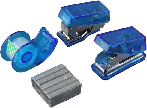 Blue Mini Office Supply Set Mini Portable Case,Include Mini Stapler,Tape Dispenser,Hole Puncher,Staples, for Office, Home, Gifts...